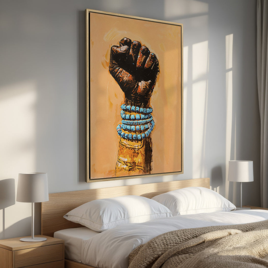 Framed Wall Art featuring a powerful fist with turquoise bracelets, warm color palette, perfect for adding a statement piece to your bedroom decor.