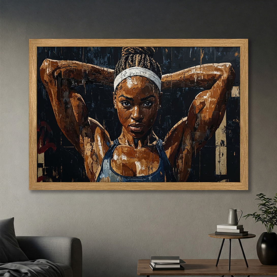 Framed Poster of a strong woman in a modern, textured style. Earthy tones and dark background create a powerful, artistic statement.
