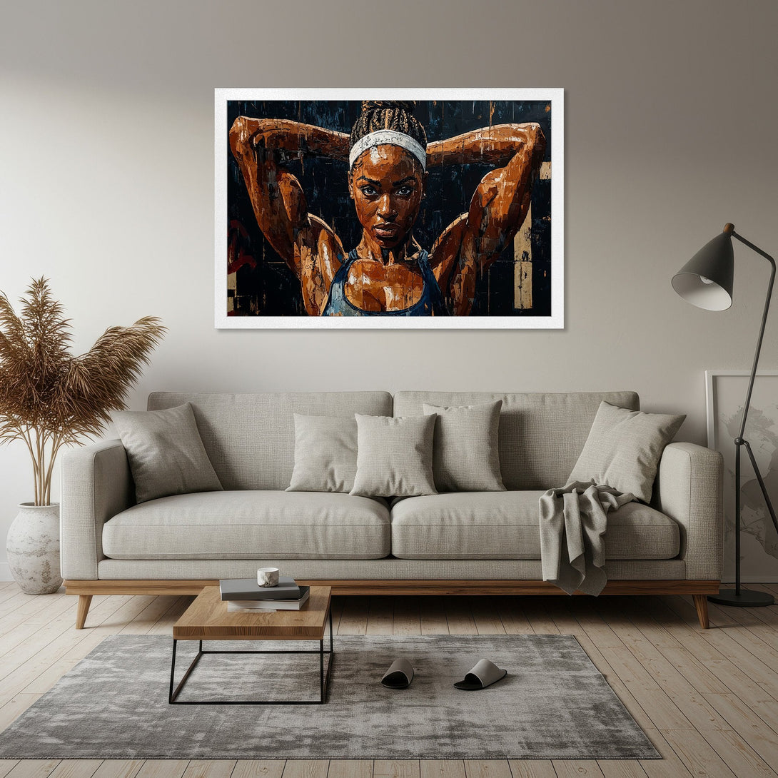 Framed Poster featuring a strong woman in a bold, textured style. Earthy tones with a pop of blue. Perfect wall art!
