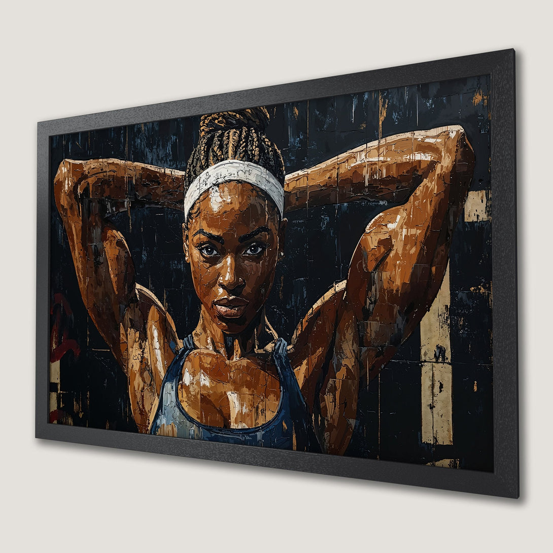 Framed Poster of a determined athlete. Bold, textured style with a brown, blue, and black color palette. Perfect wall art for your home gym.