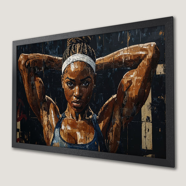 Framed Poster of a determined athlete. Bold, textured style with a brown, blue, and black color palette. Perfect wall art for your home gym.