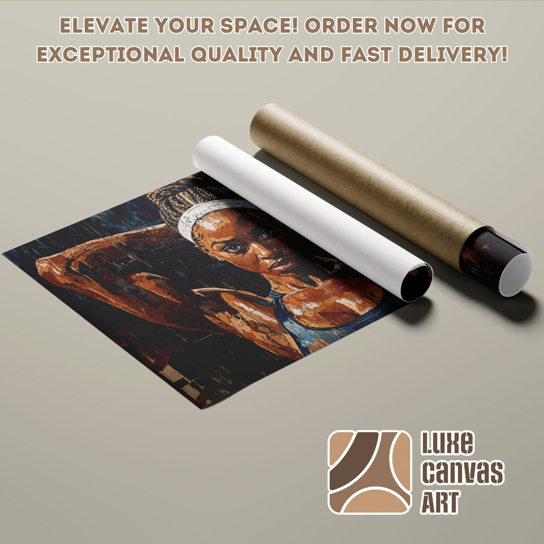 Poster Roll featuring a woman in an abstract style, with a dark and warm color palette. Order yours today!