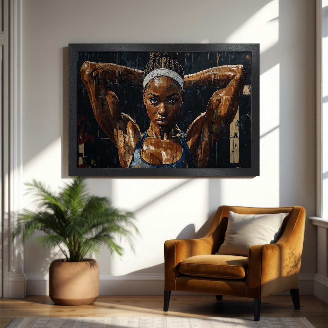 Framed Poster of a strong woman in a modern style. Earthy tones with a dark background. Perfect for home decor.