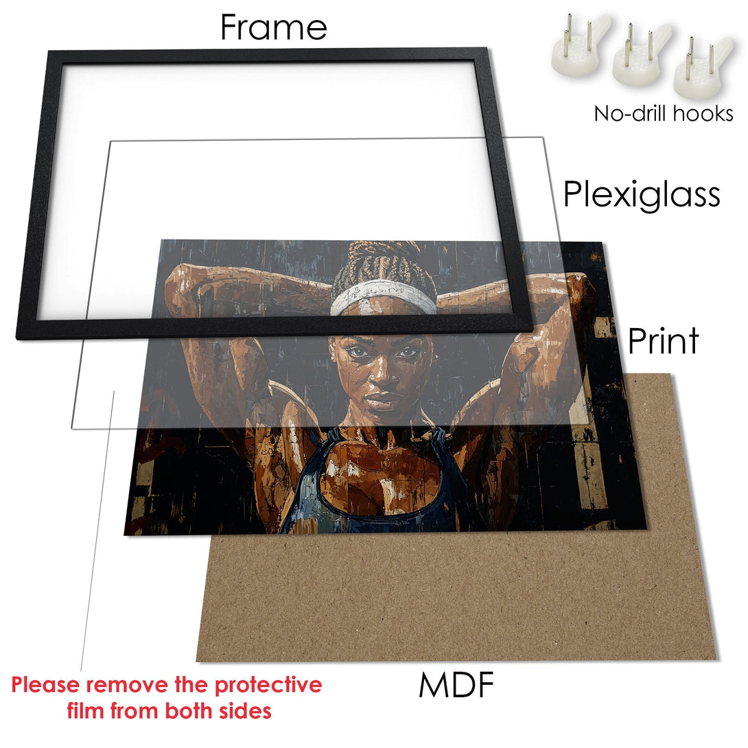 Framed Poster featuring a strong woman in a modern, textured style with a warm, earthy color palette. Perfect wall art!