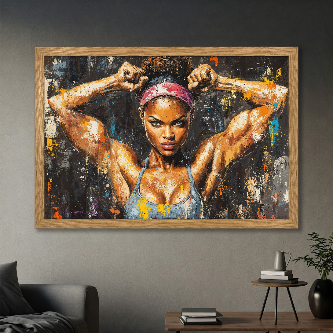Framed Poster of powerful woman in abstract style, with a dark, colorful palette. Perfect for home gym or motivational decor.