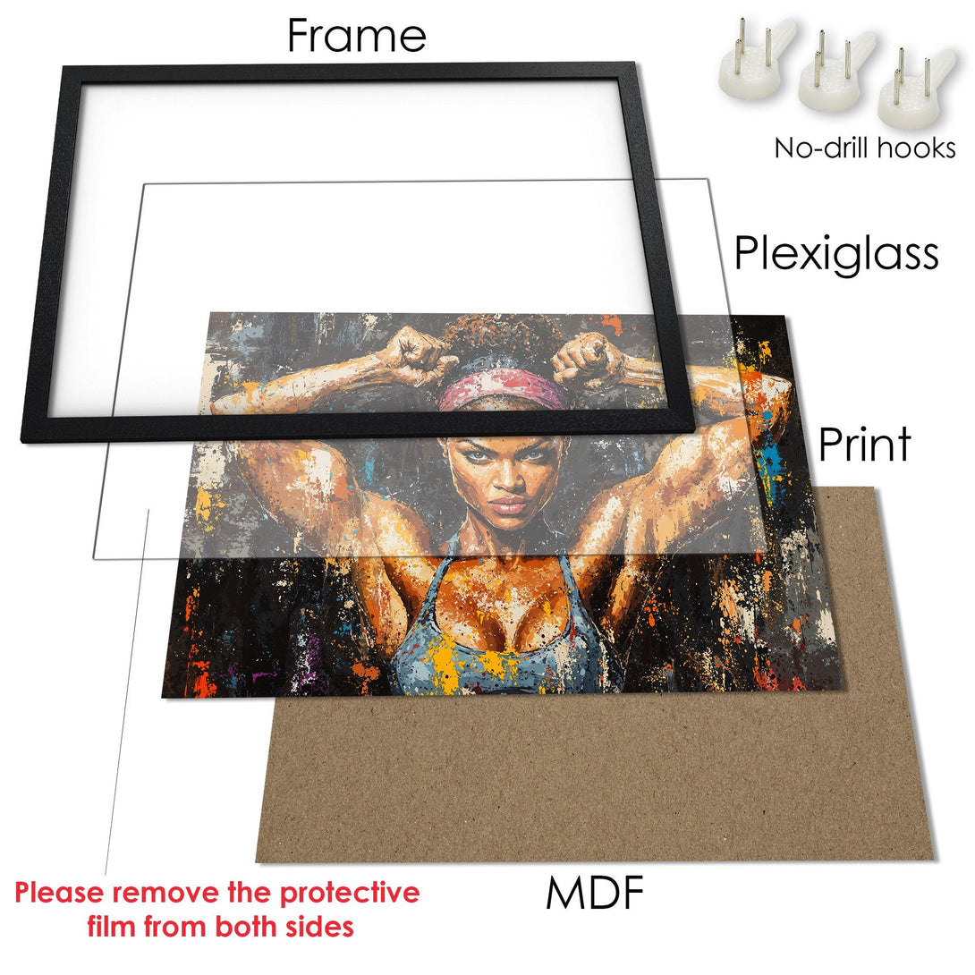 Framed Poster featuring a strong woman, abstract art style, with a vibrant, colorful palette. Perfect for your home gym!