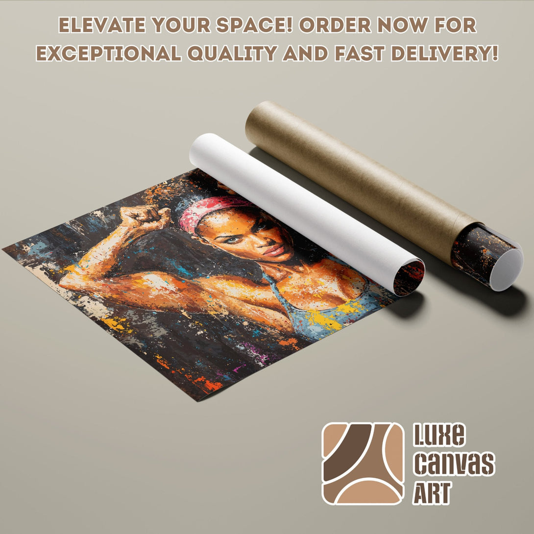 Abstract art Poster Roll featuring a woman, vibrant colors, and a dark palette. Elevate your space!