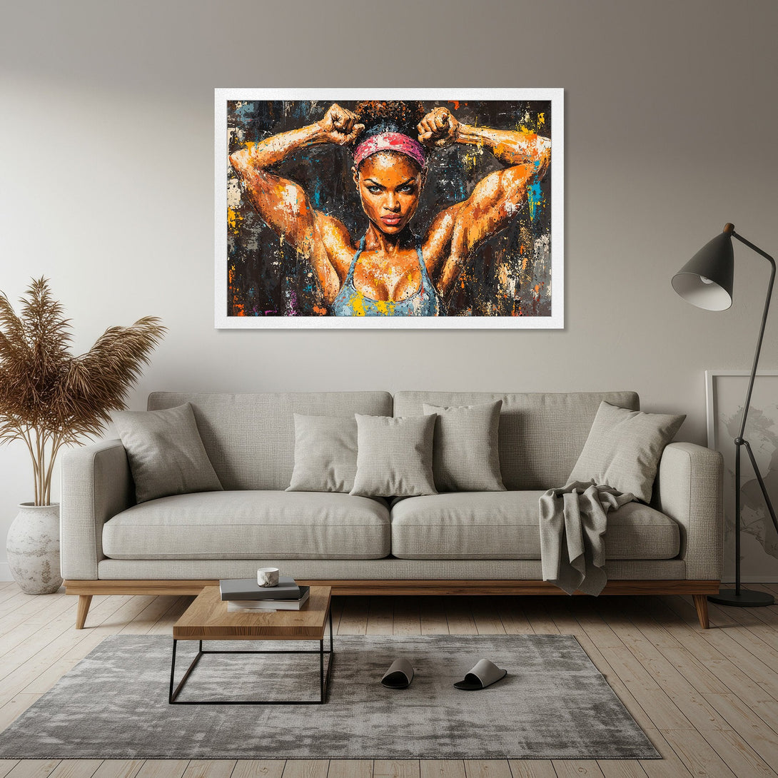Framed Poster of a strong woman, vibrant abstract style, with a warm color palette. Perfect wall art for your home.