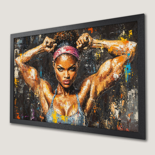 Framed Poster of a strong woman in an abstract style, featuring a dark color palette with orange and blue accents.