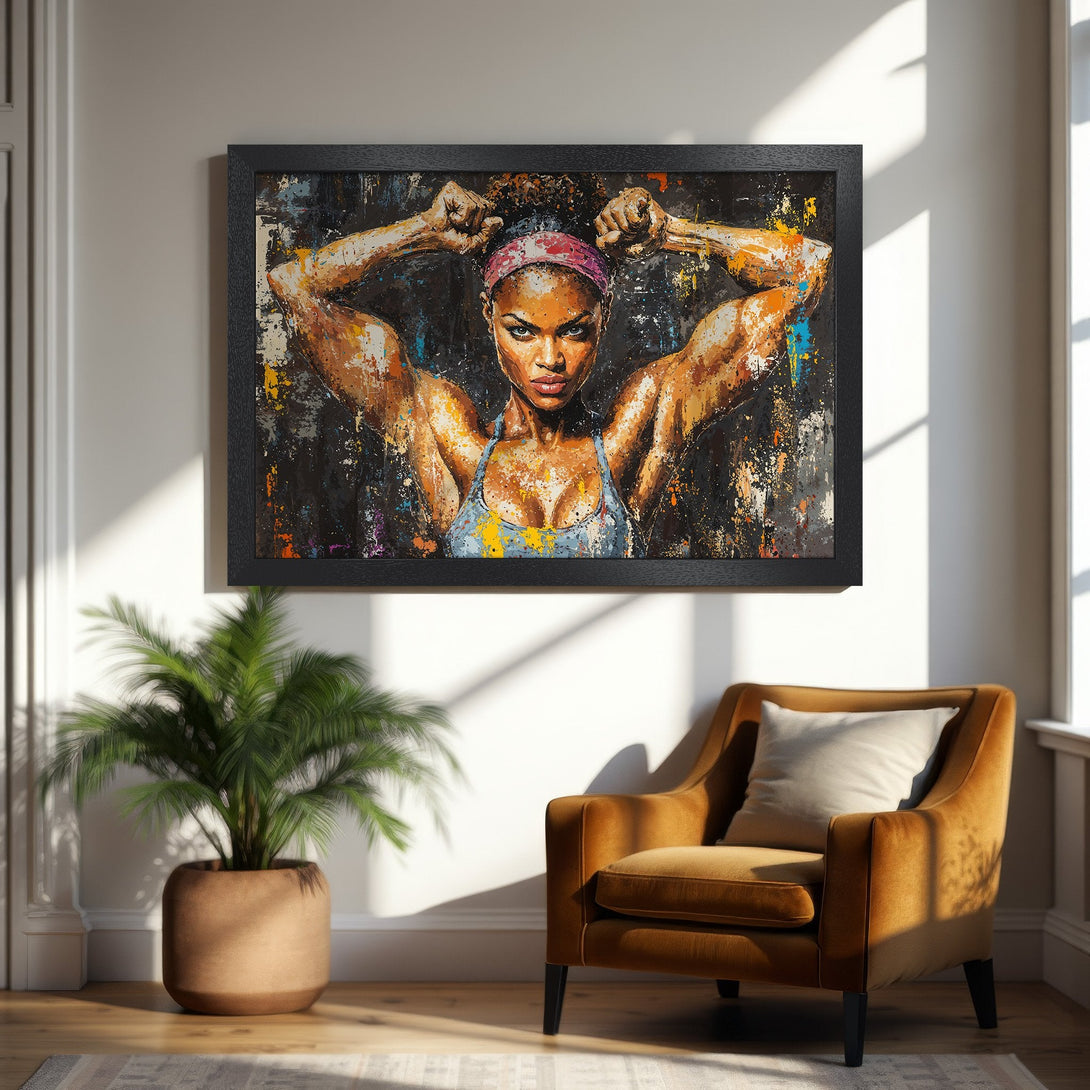 Framed Poster featuring a strong woman in an abstract style with a warm color palette. Perfect for home decor!