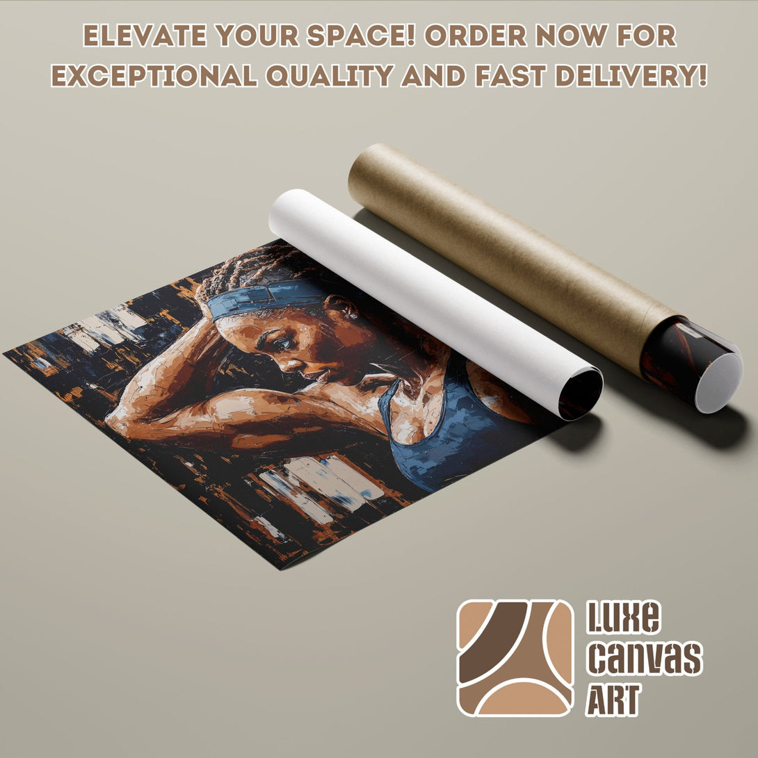 Abstract art Poster Roll featuring a woman in blue and brown tones. Elevate your space!