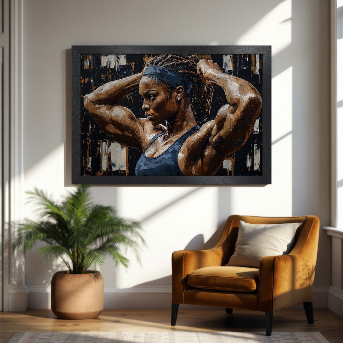 Framed Poster of a strong woman in a bold, textured style with a brown, black, and white palette. Perfect for home decor.