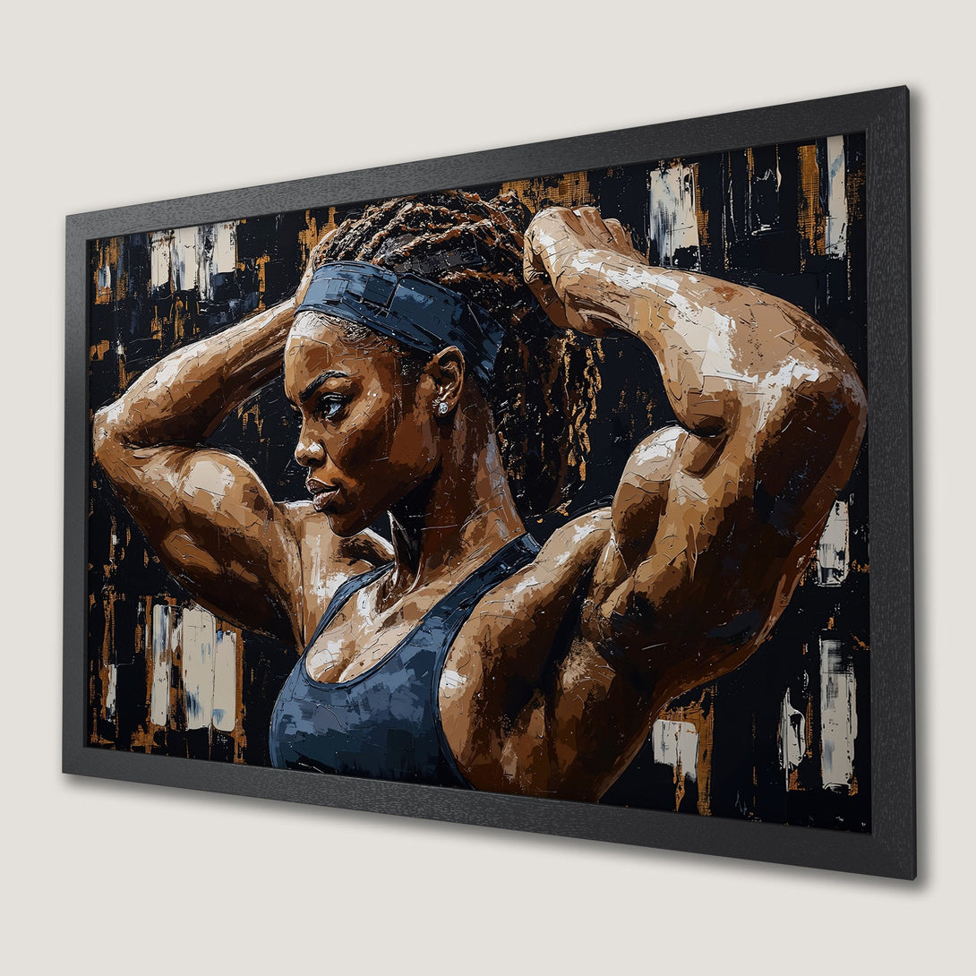 Framed Poster of a strong woman in a bold, textured style. Features a black, brown, and white color palette, perfect for any space.