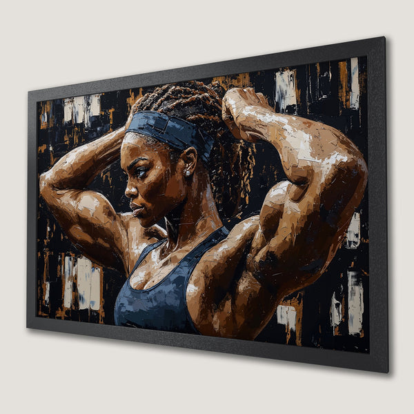 Framed Poster of a strong woman in a bold, textured style. Features a black, brown, and white color palette, perfect for any space.