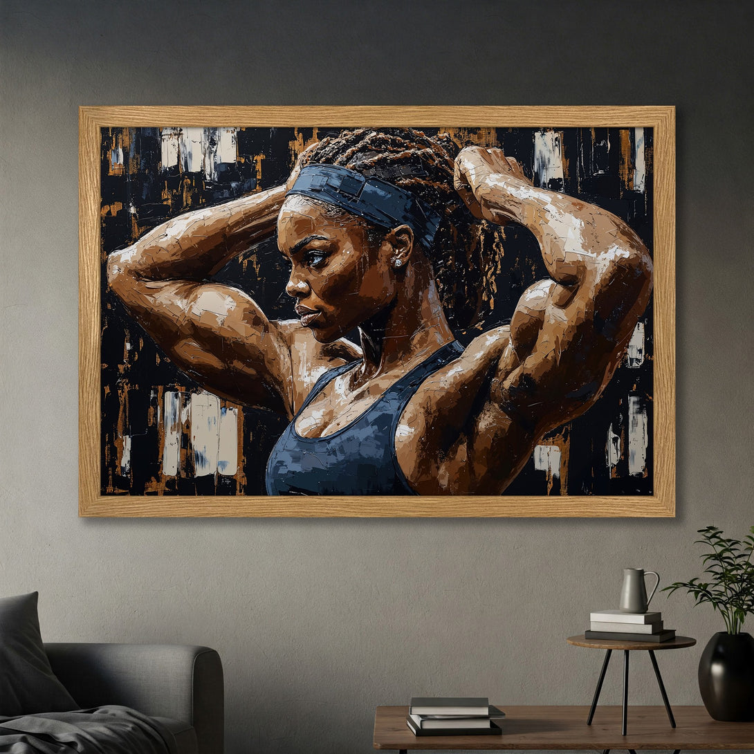 Framed Poster of a strong woman in an abstract style, with a dark, earthy color palette. Perfect for gym or home decor.