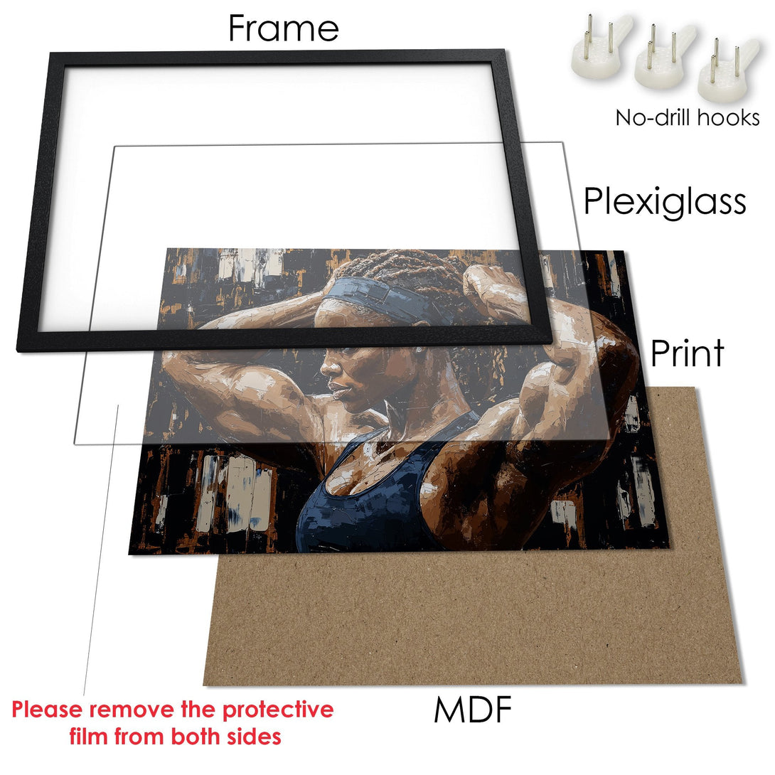 Framed Poster featuring a muscular woman, abstract style, with a brown and black color palette. Perfect wall art!