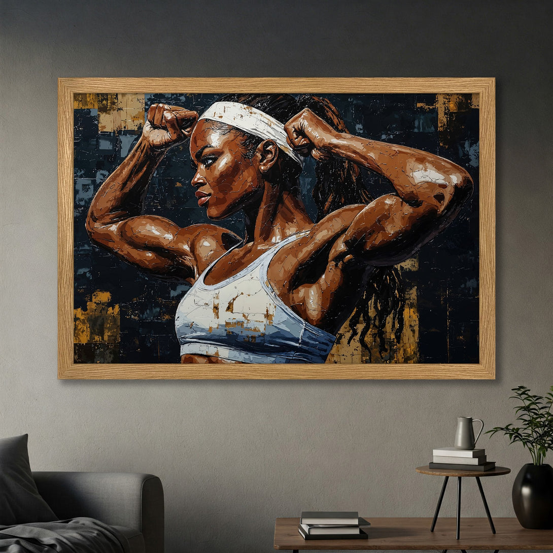Framed Poster featuring a strong woman in a modern, textured style with a dark, earthy color palette. Perfect for home decor!