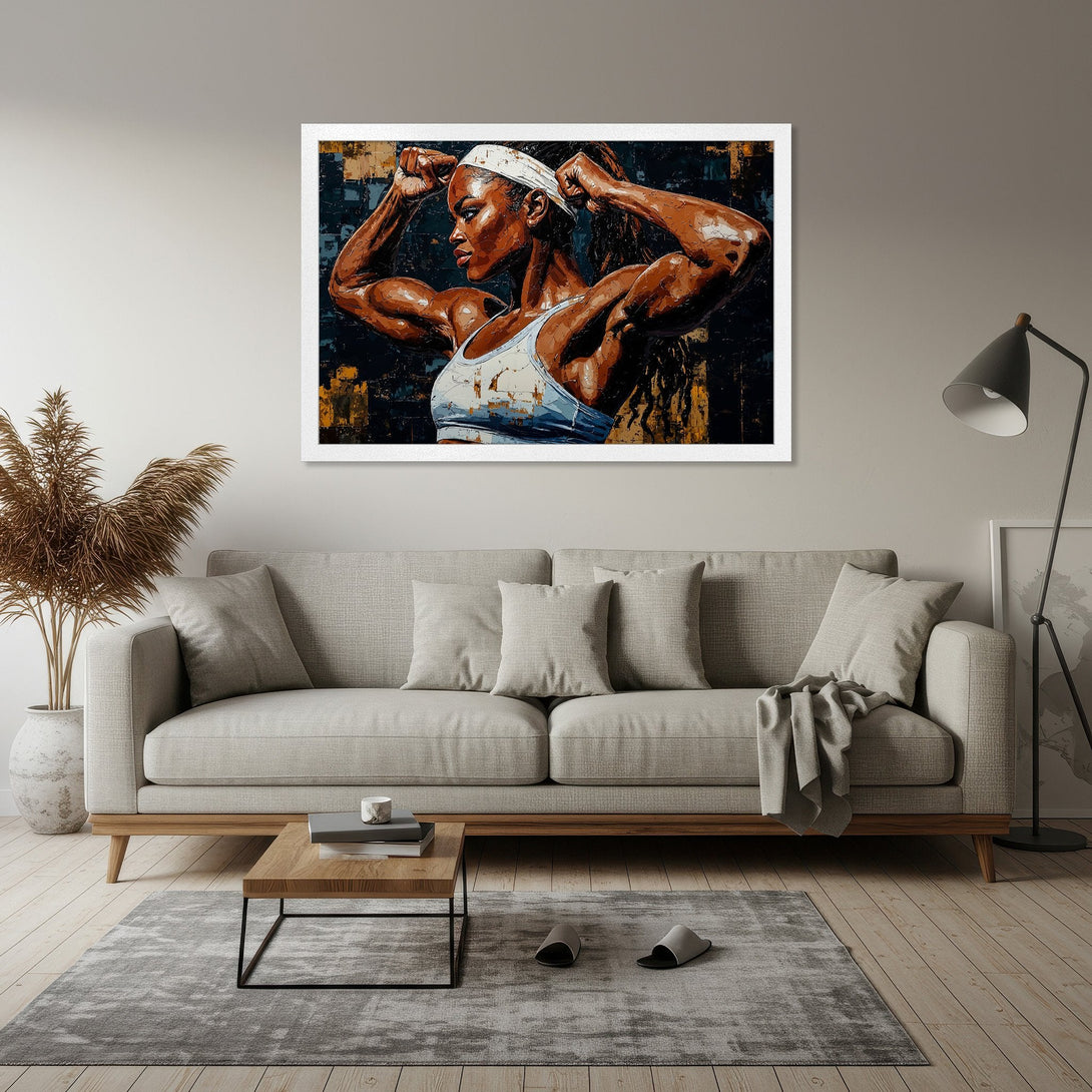 Framed Poster featuring a strong woman in a modern, abstract style with a dark, earthy color palette. Perfect for home decor!