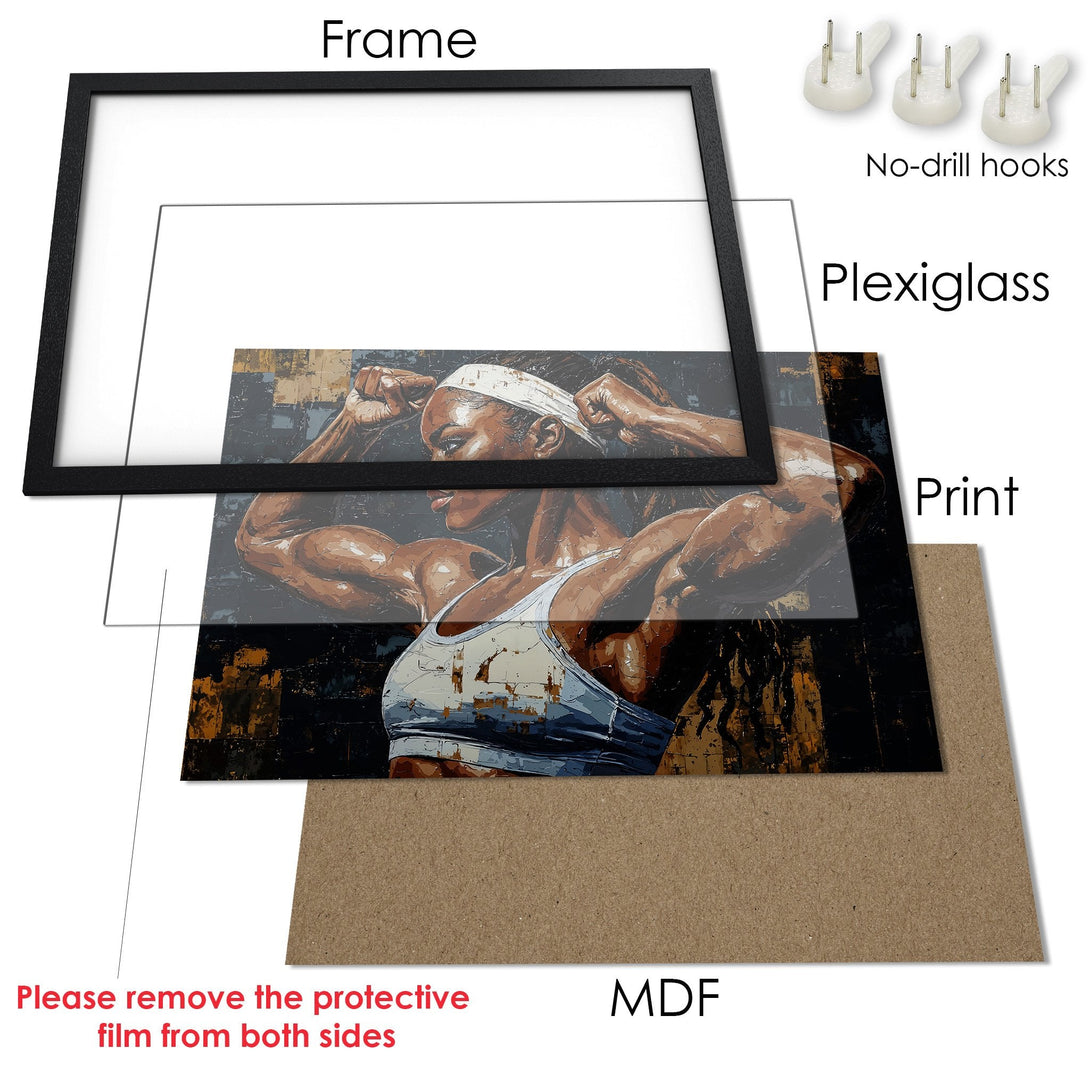 Framed Poster of a strong woman in an abstract style, featuring a dark and warm color palette. Perfect wall art!