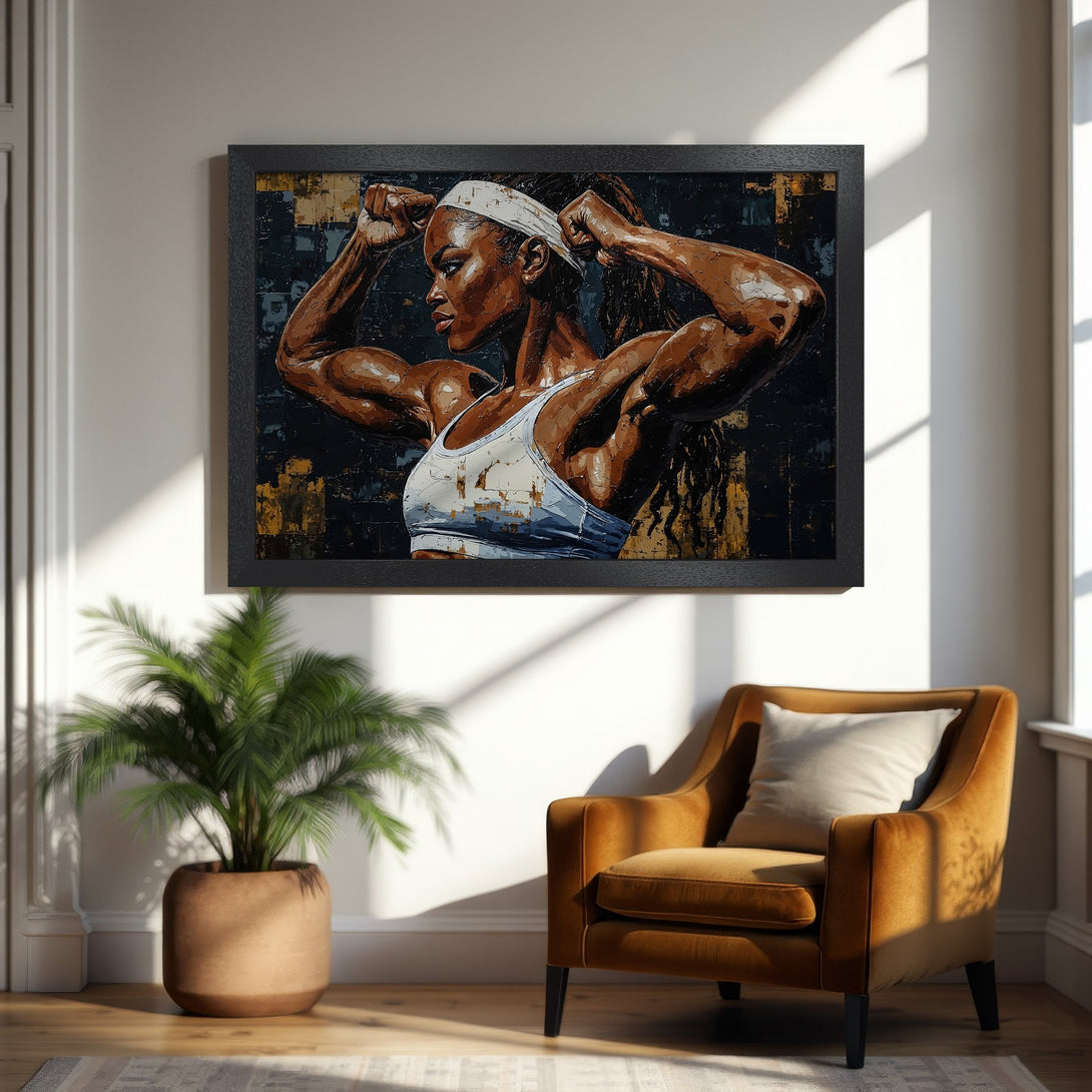 Framed Poster of a strong woman in a gym. Abstract style, dark & gold color palette. Perfect for home gym decor!