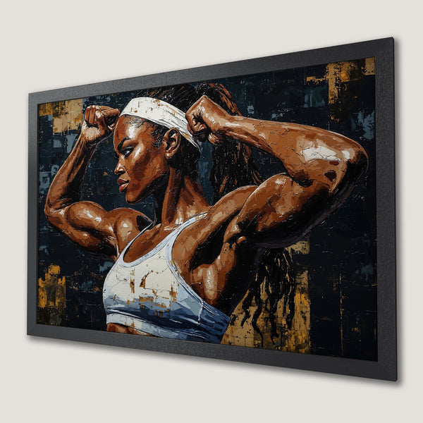 Framed Poster of a strong woman flexing. Bold, textured style with a dark, earthy color palette. Perfect for home or gym decor.
