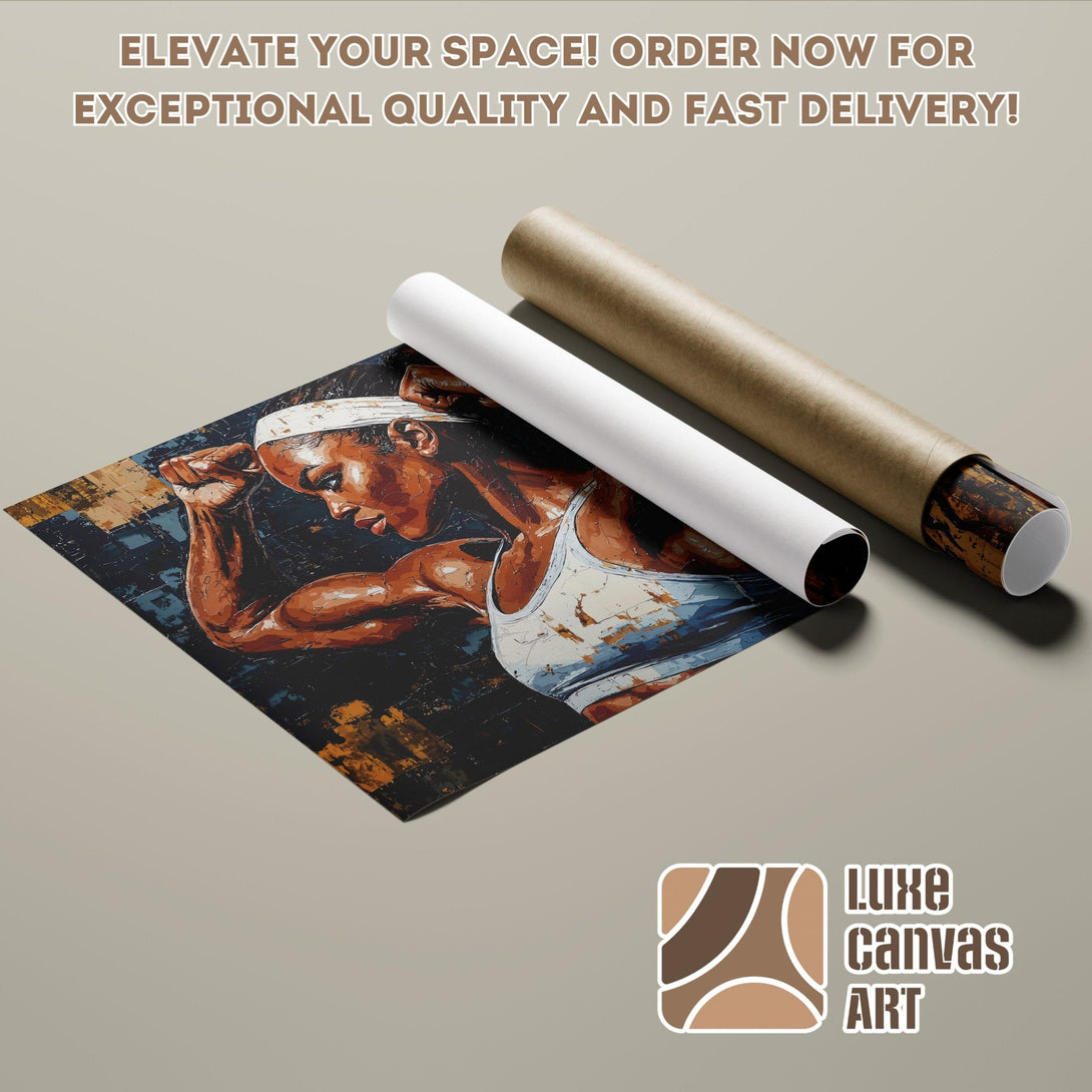 Poster Roll featuring a strong woman in an abstract style, with a warm color palette. Elevate your space!