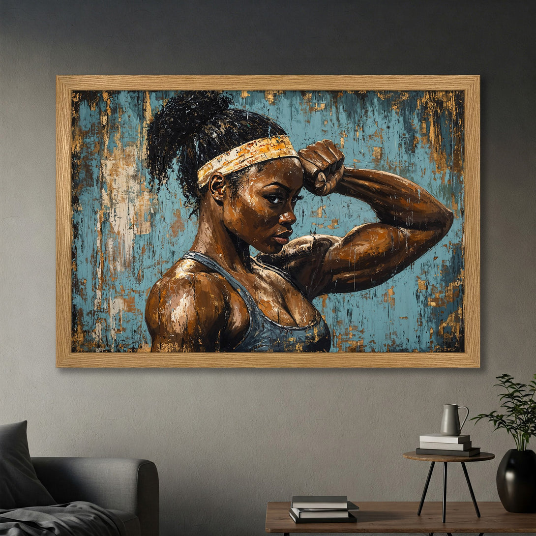 Framed Poster featuring a strong woman flexing, with a blue and gold abstract background. Perfect motivational art!