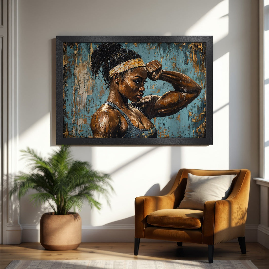 Framed Poster featuring a strong woman in an abstract style with a teal, gold, and brown color palette, perfect for home decor.