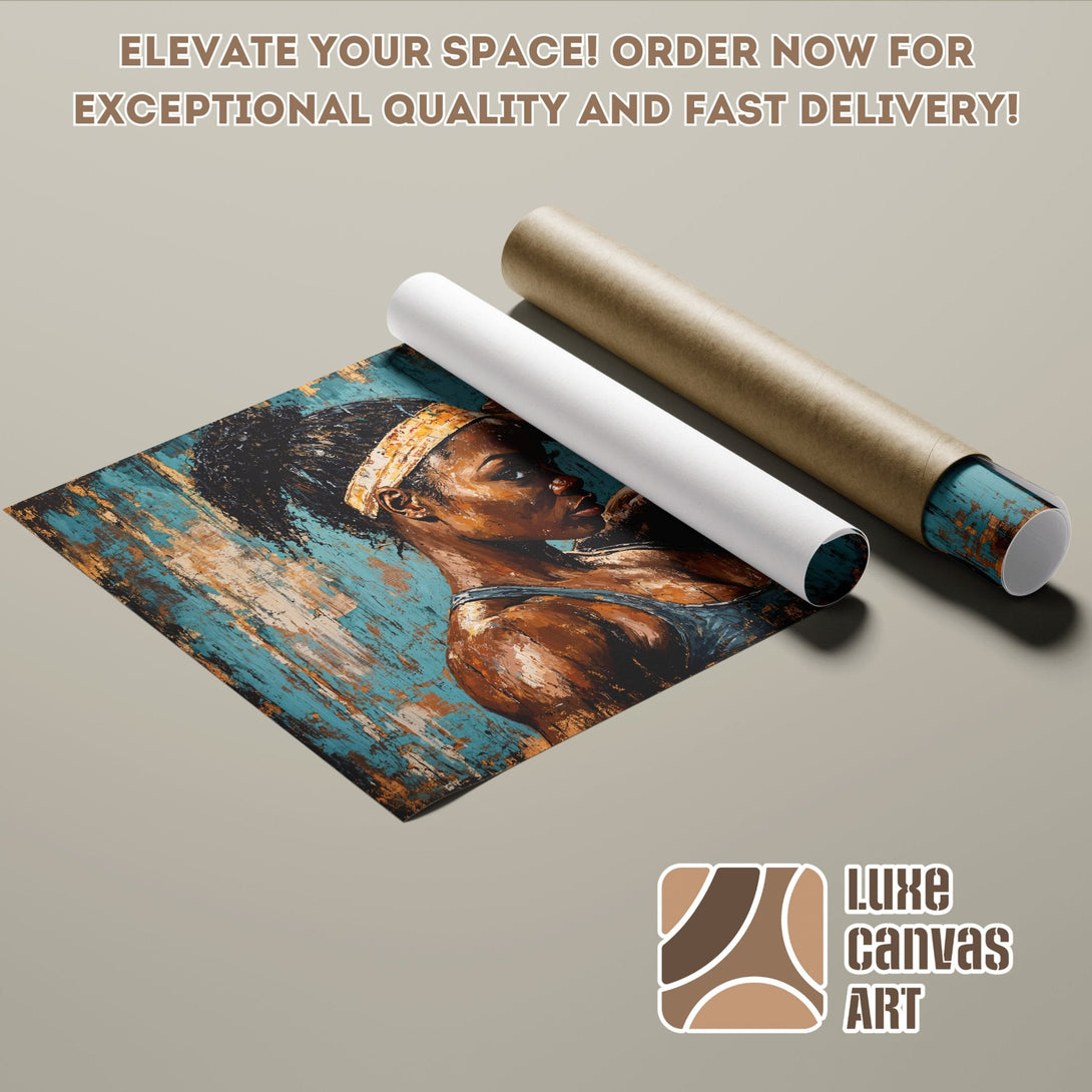 Poster Roll featuring a woman in an abstract style, blue and brown color palette. Elevate your space!
