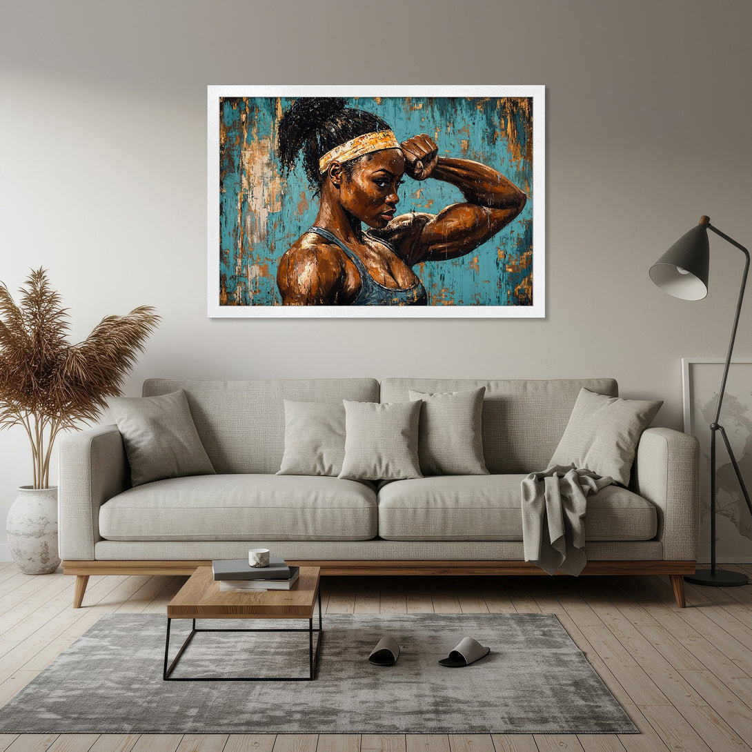 Framed Poster featuring a strong woman flexing, with a teal and gold abstract background. Powerful art for your home!