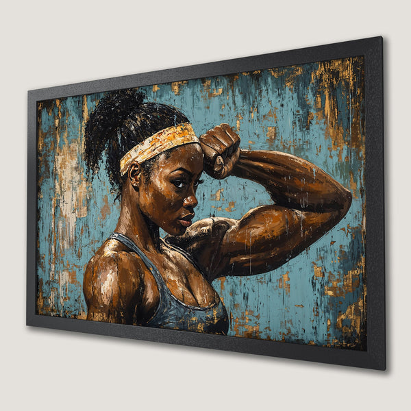 Framed Poster of a strong woman in a blue, gold, and brown abstract style. Perfect for home gym decor.