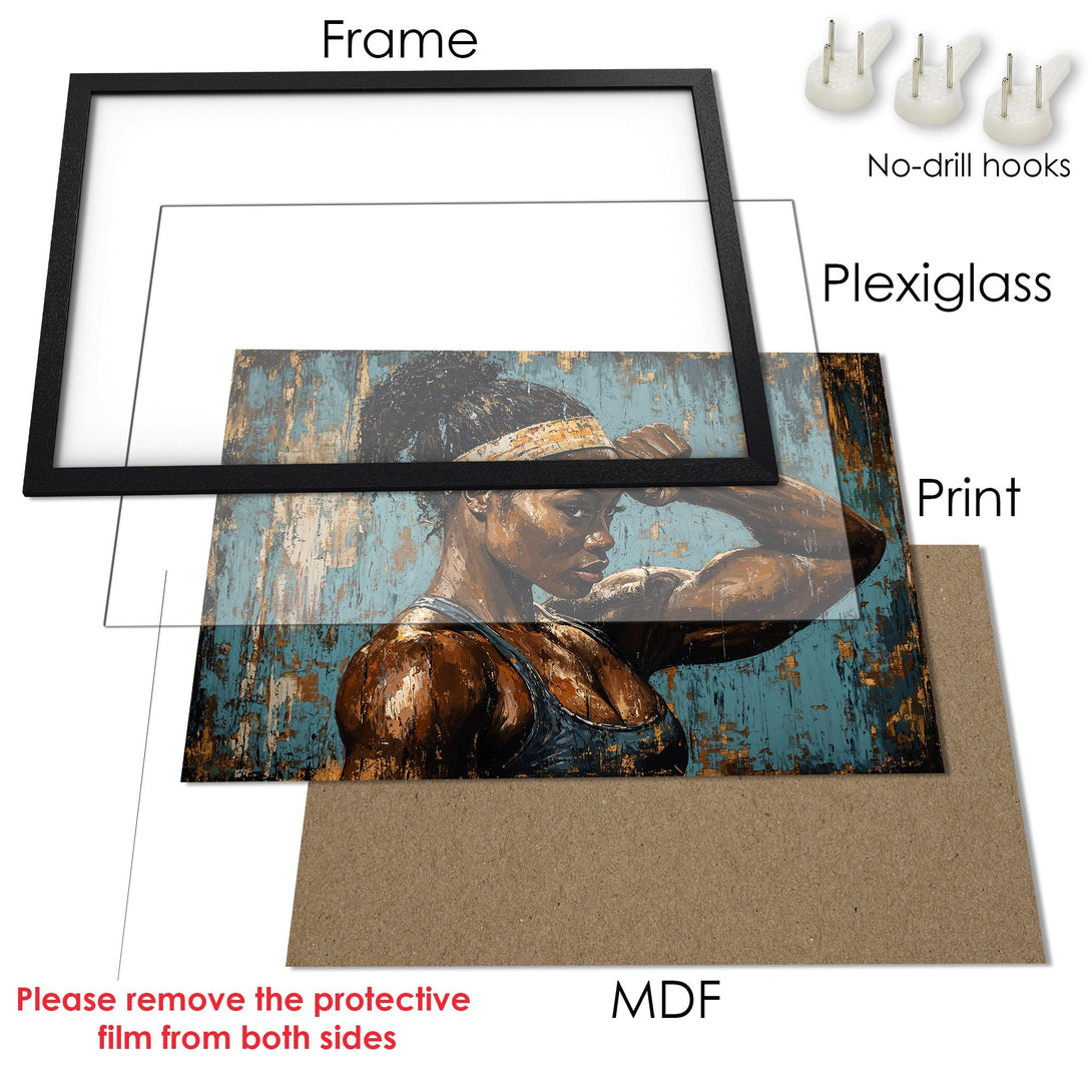 Framed Poster featuring a strong woman in a blue and gold abstract style. Perfect for home or gym decor.