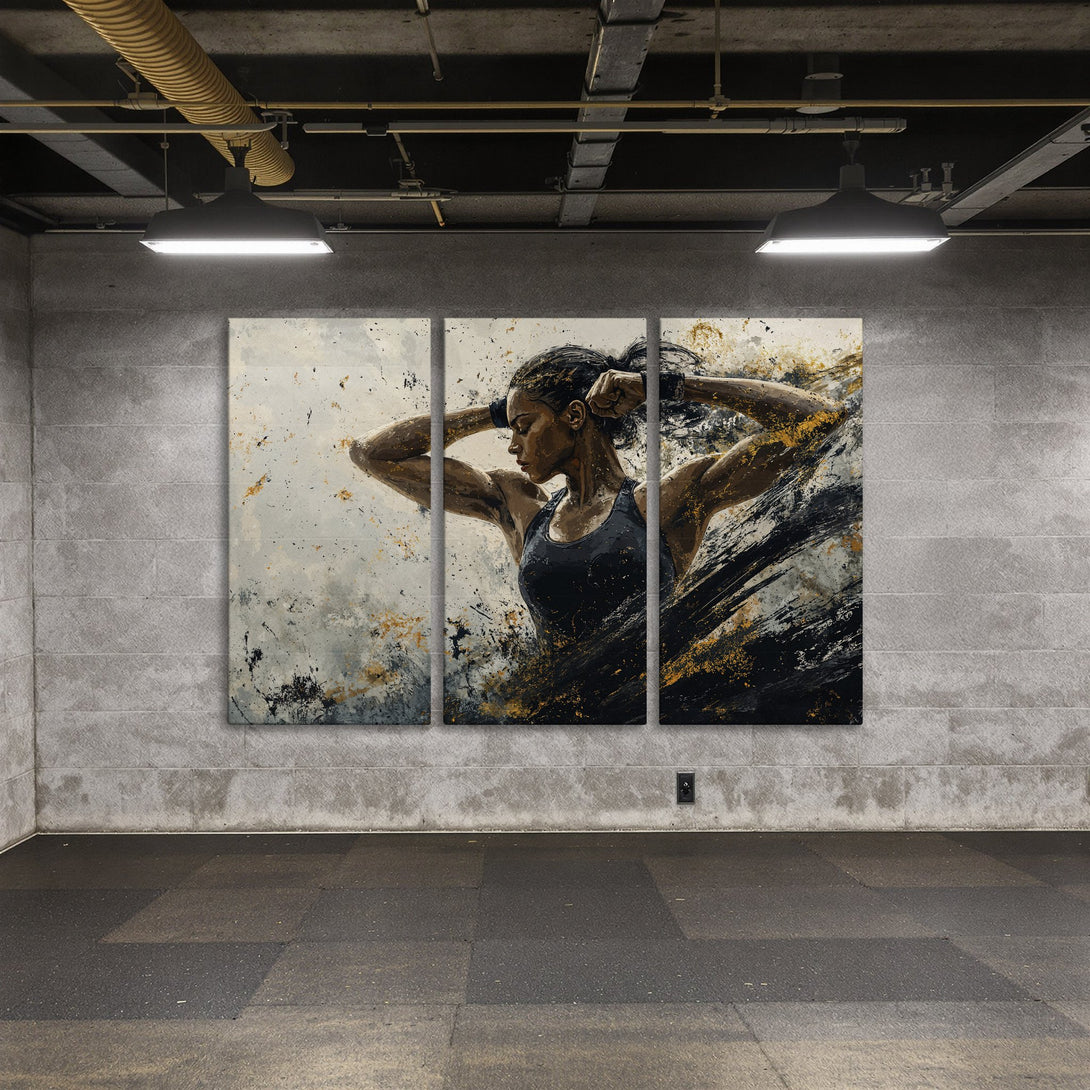 Canvas Print of an abstract woman in motion, with a black, gold, and neutral color palette. Modern wall art for your home decor.
