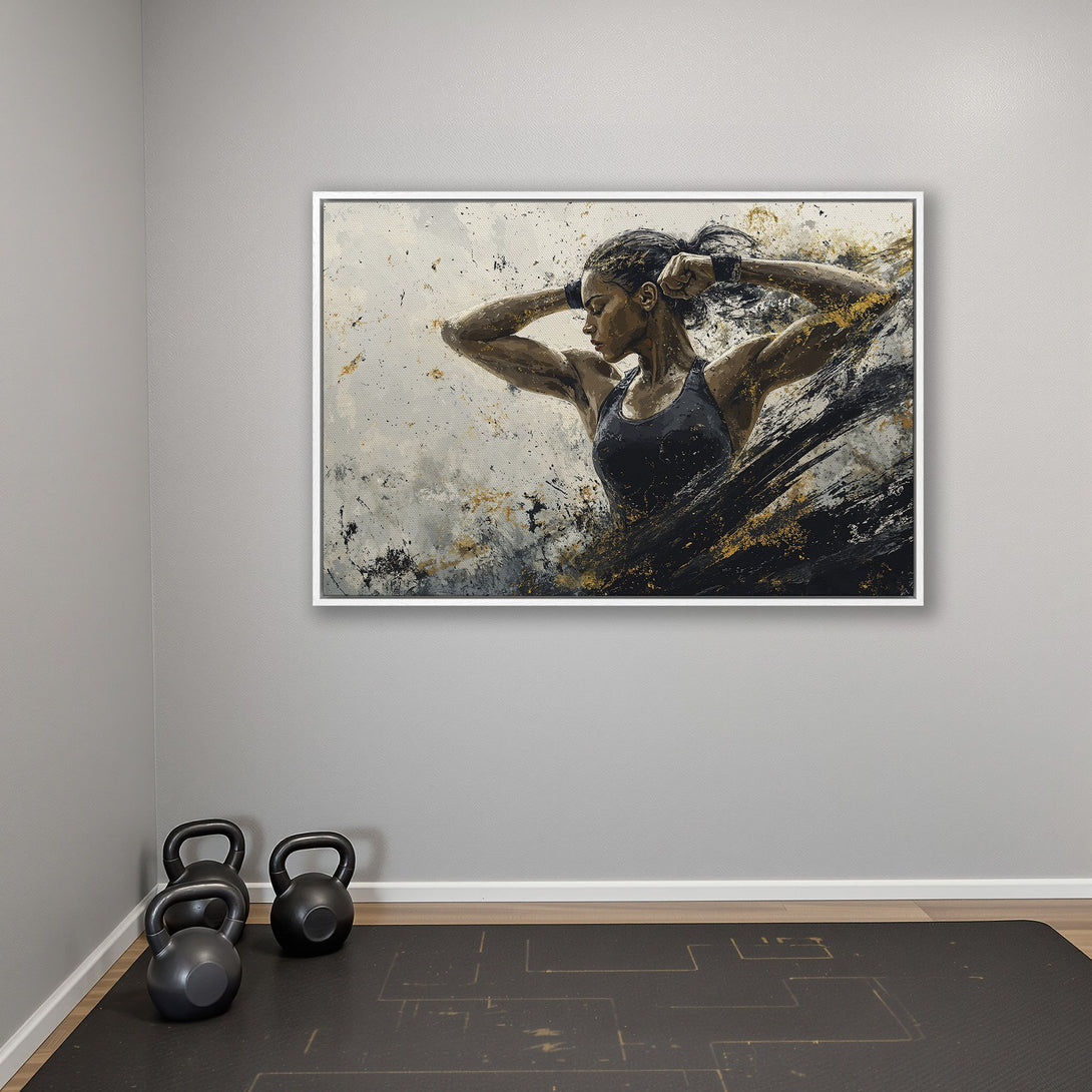 Framed Wall Art featuring an abstract painting of a woman in a gym. Modern style with black, gold, and neutral tones. Perfect for fitness enthusiasts!
