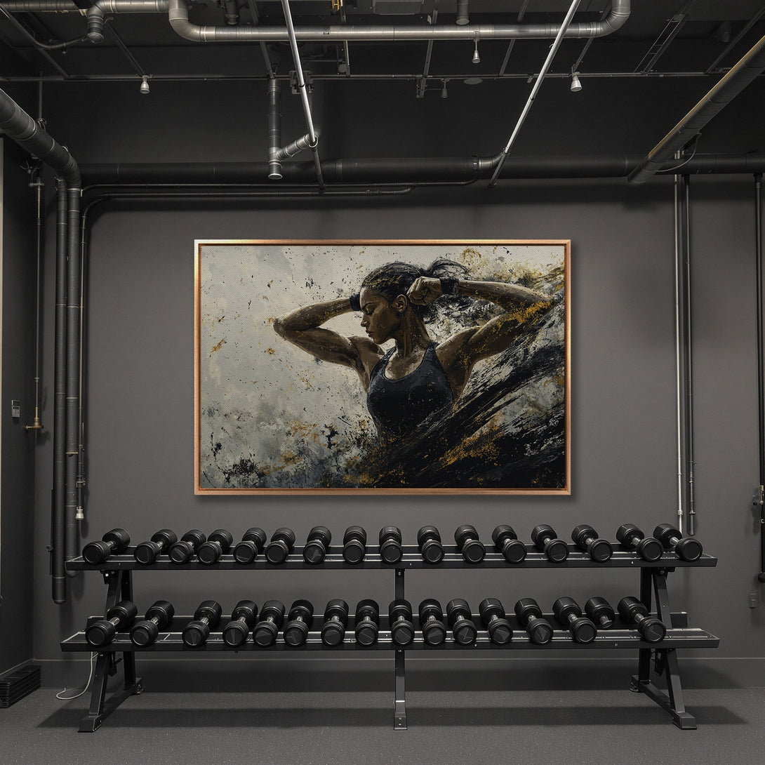 Framed Wall Art featuring a powerful woman in an abstract style. Neutral color palette with gold accents. Perfect for a gym or modern interior.