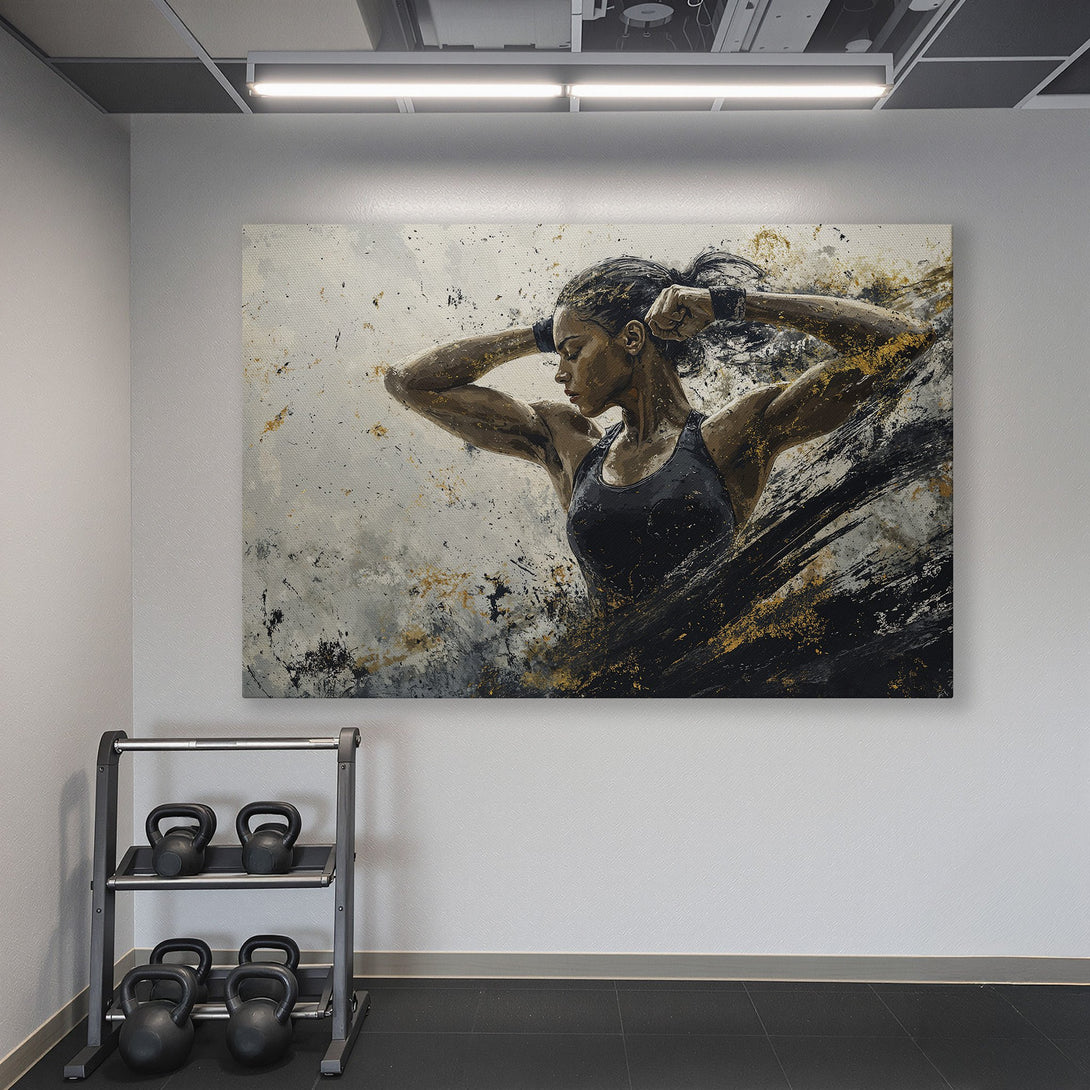 Framed Wall Art: Abstract fitness art print in a gym. Features a woman in motion, with black, gold, and neutral tones. Perfect for home gyms!