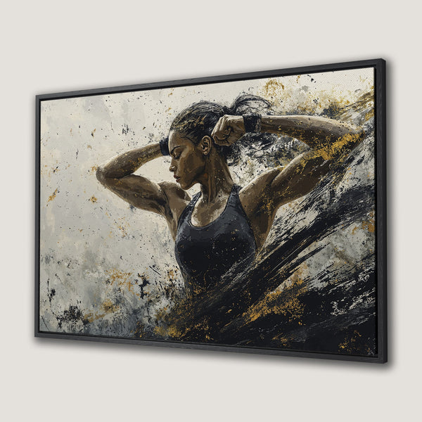 Framed Wall Art: Abstract painting of a strong woman in action. Bold brushstrokes in black, gold, and neutral tones. Perfect for modern decor.