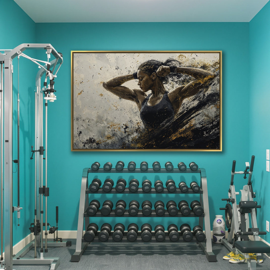 Canvas Print featuring an abstract painting of a woman in a gym. Modern art with black, gold, and neutral tones. Perfect wall decor.
