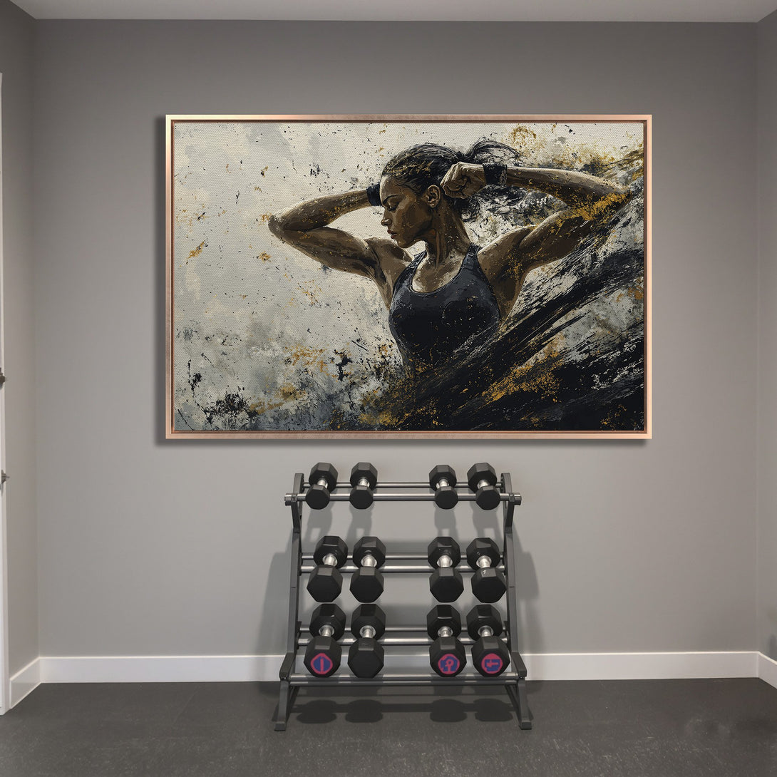 Framed Wall Art: Abstract painting of a woman working out in a gym. Features a black, gold, and gray color palette. Perfect for home gyms!