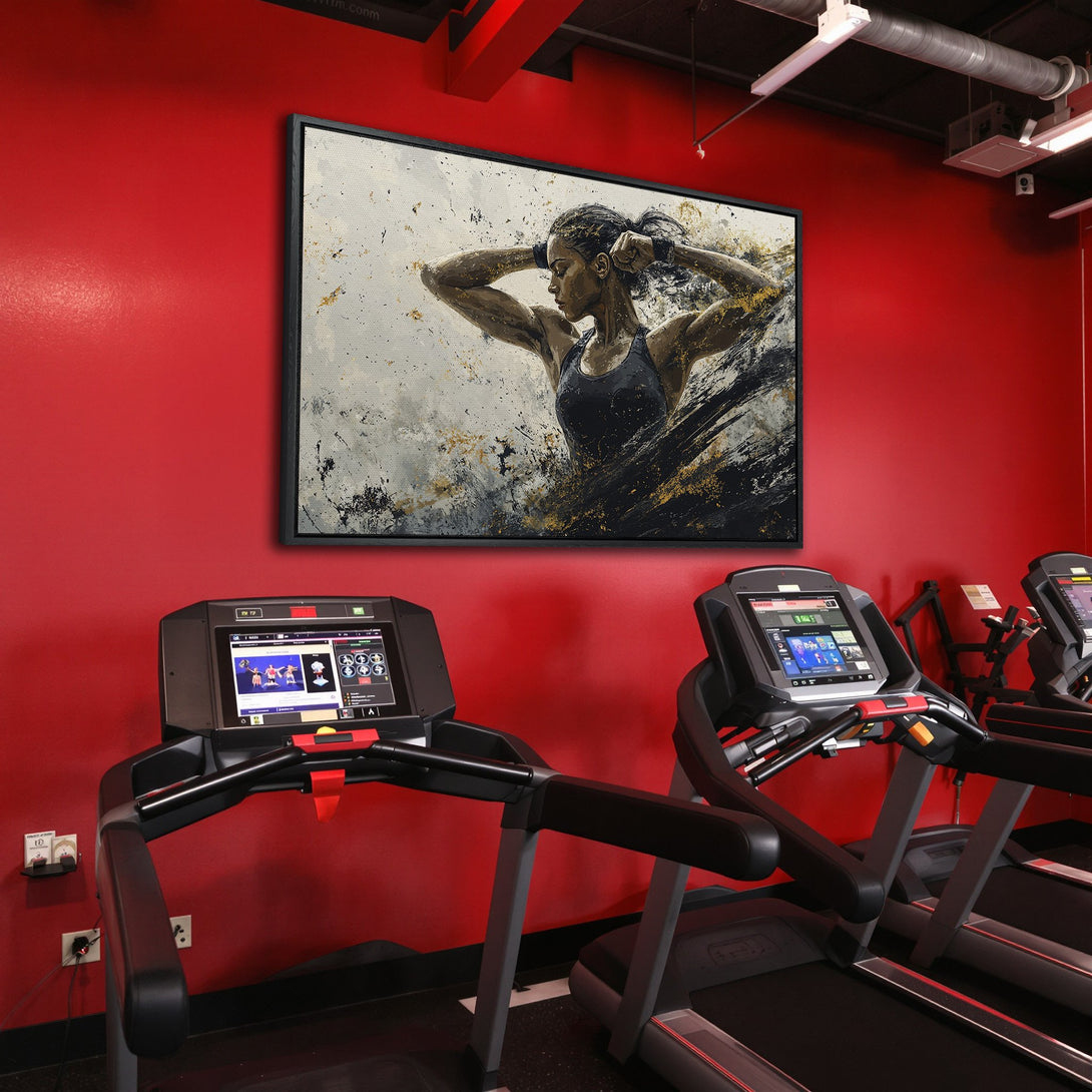 Framed Wall Art: Abstract fitness art in a gym. Bold black, gold, and white colors. Perfect for a motivational space.