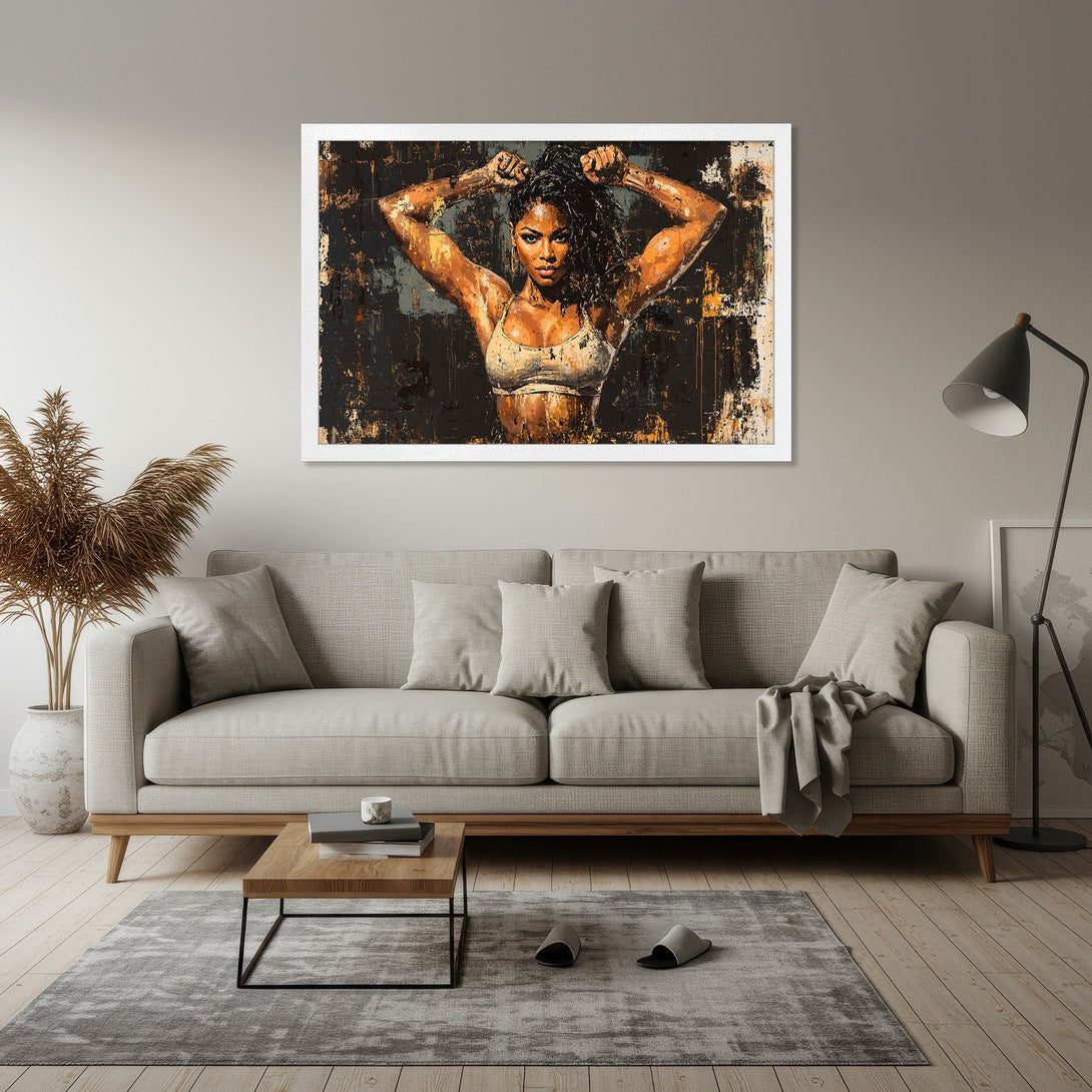 Framed Poster featuring a strong woman in an abstract style with a warm color palette. Perfect for modern home decor!