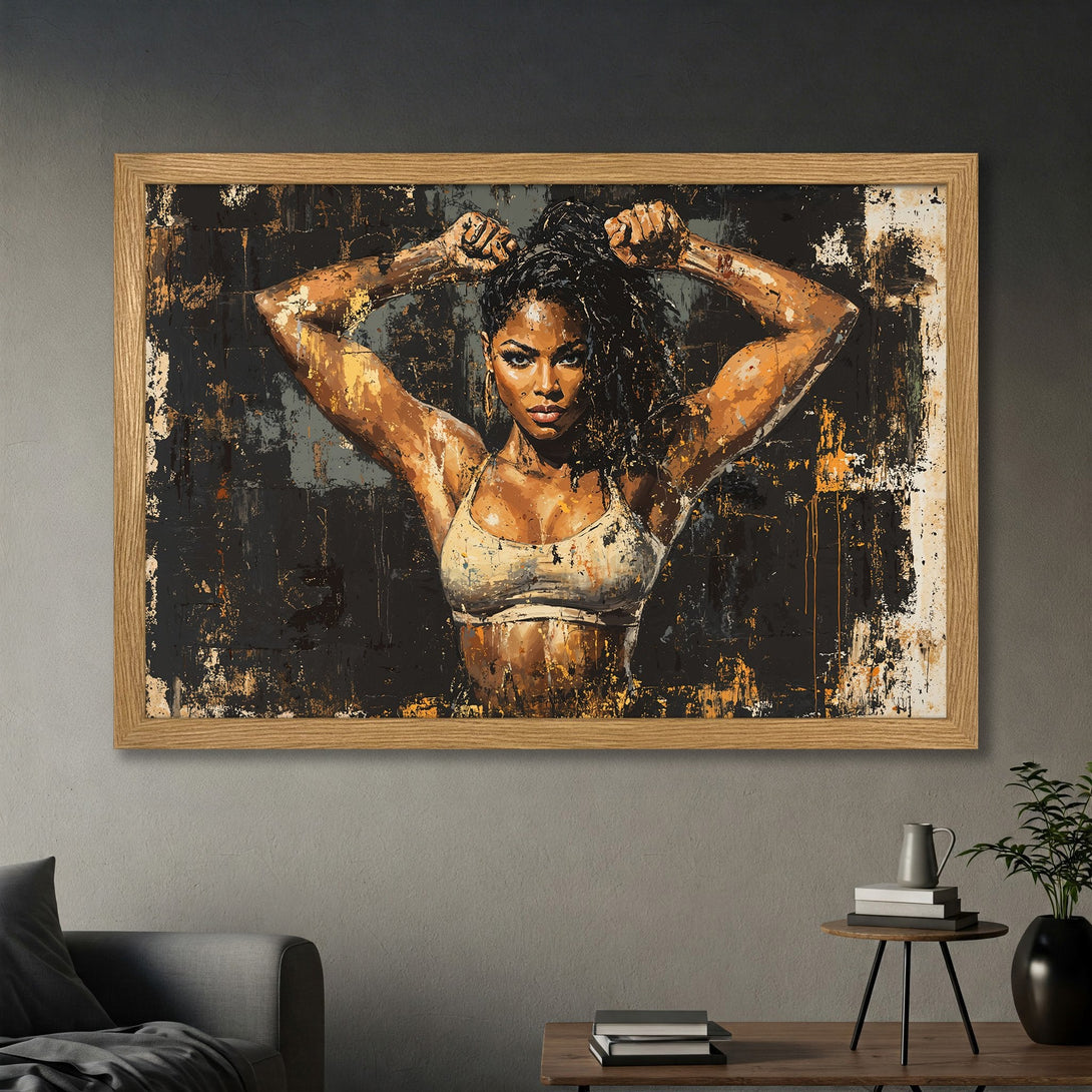 Framed Poster of a strong woman in a sports bra, abstract art style with black, brown, and gold color palette. Perfect wall decor!