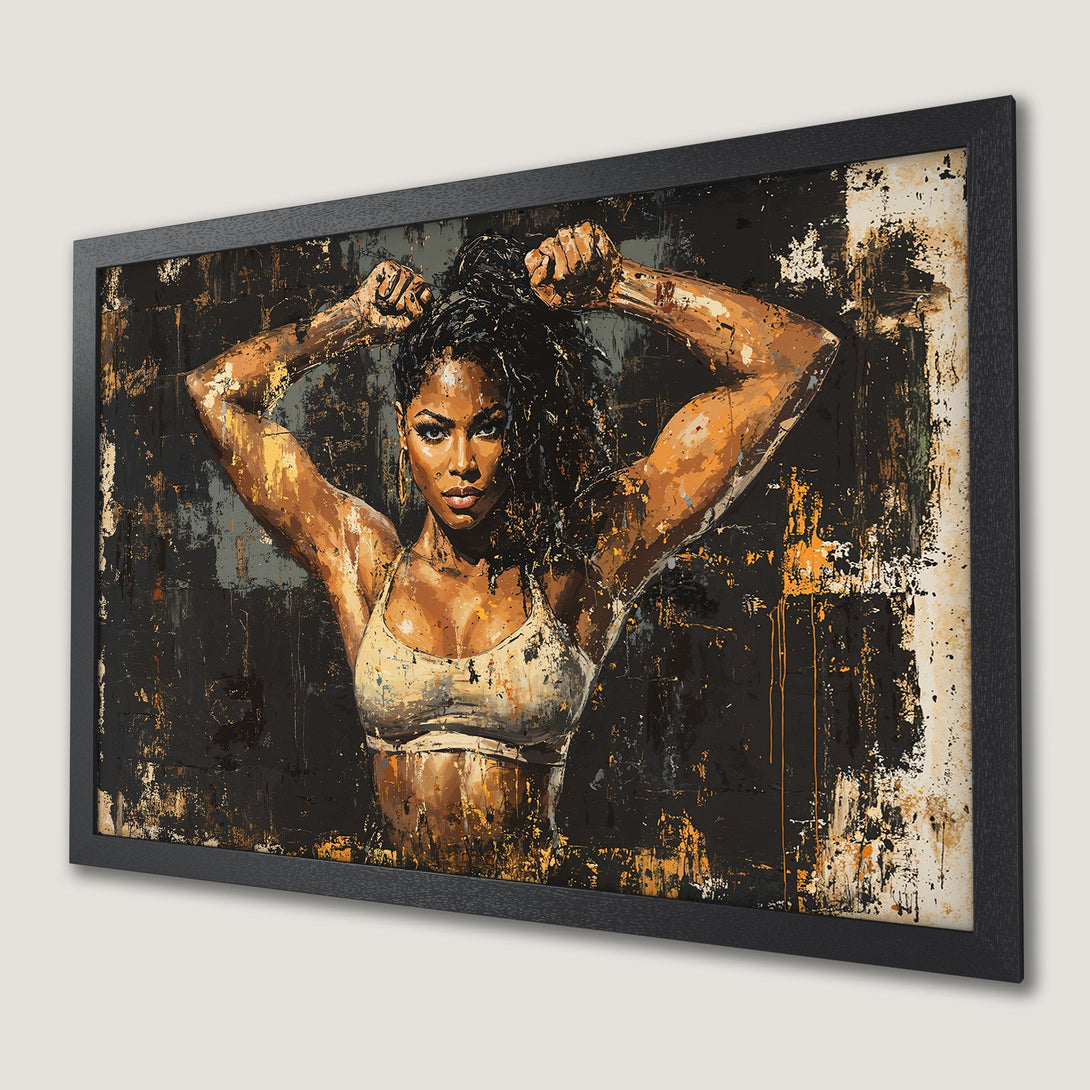 Framed Poster featuring a strong woman in abstract art style with a black, gold, and tan color palette. Perfect wall art!
