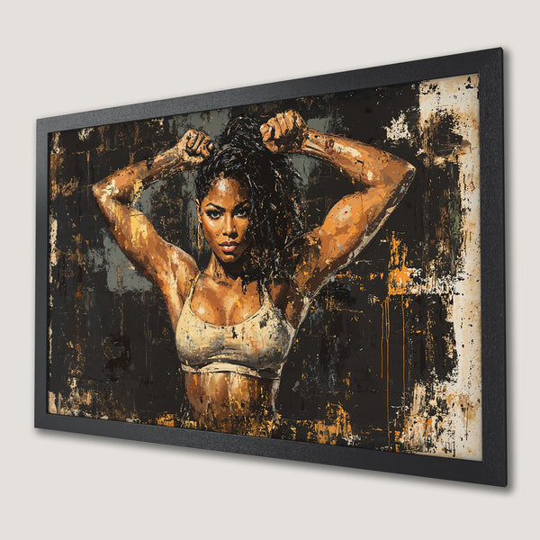 Framed Poster featuring a strong woman in abstract art style with a black, gold, and tan color palette. Perfect wall art!