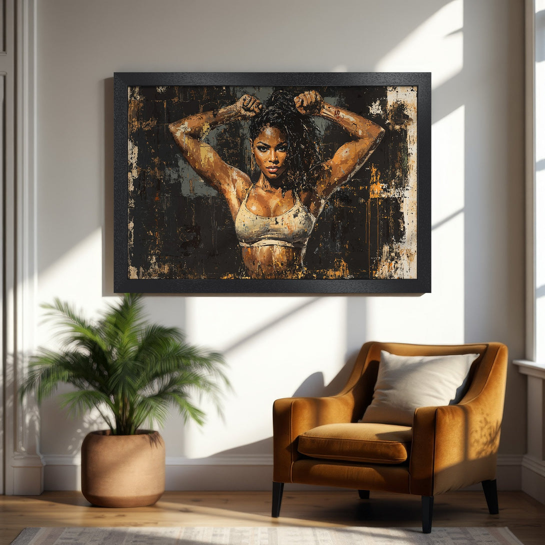 Framed Poster of a strong woman in a modern abstract style. Features a warm color palette with black, gold, and brown tones. Perfect wall art!