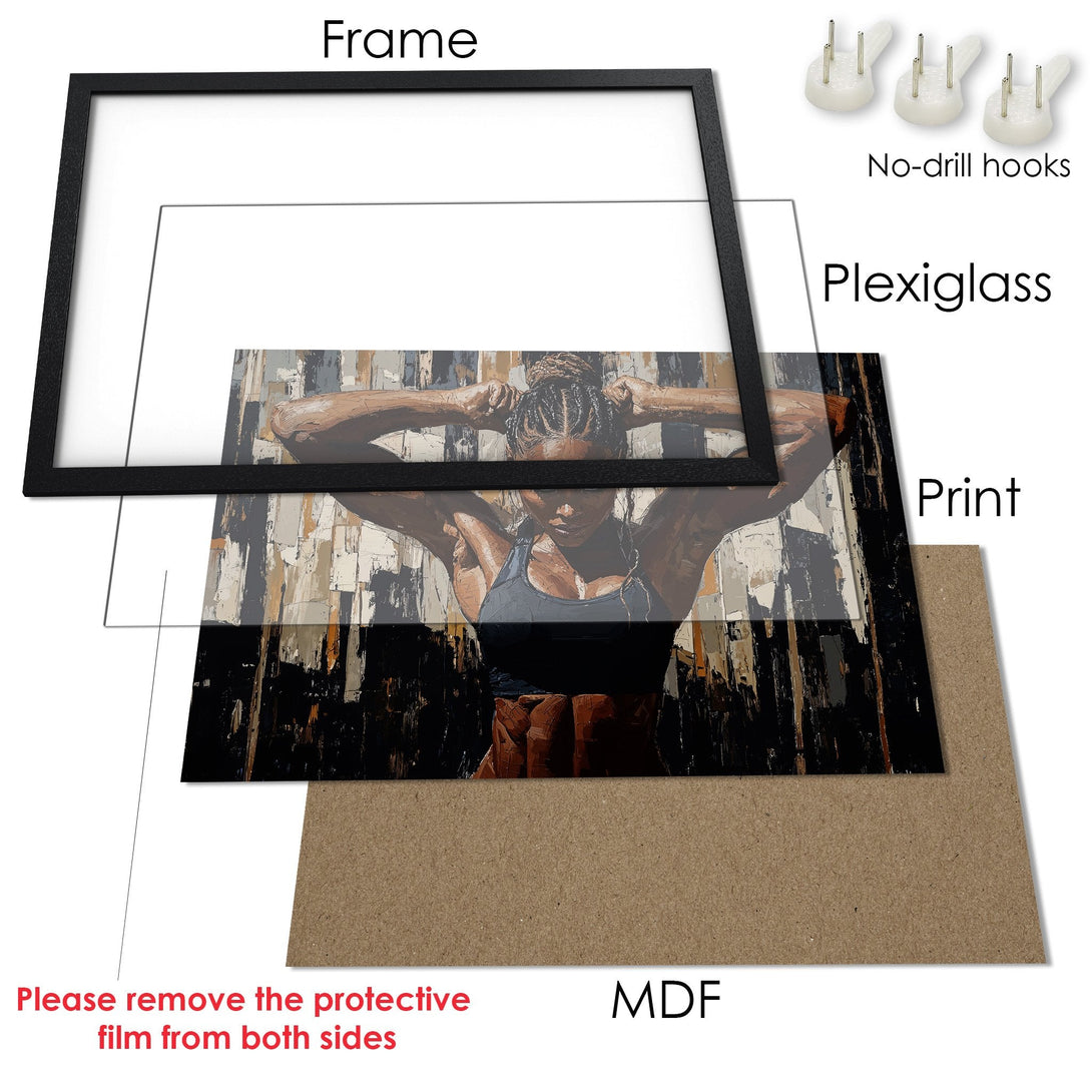 Framed Poster featuring a strong woman in an abstract style, with a dark, earthy color palette. Perfect art for your home!