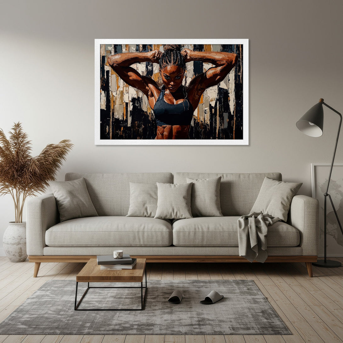 Framed Poster featuring a strong woman in a modern, abstract style with a neutral color palette. Perfect for home decor!