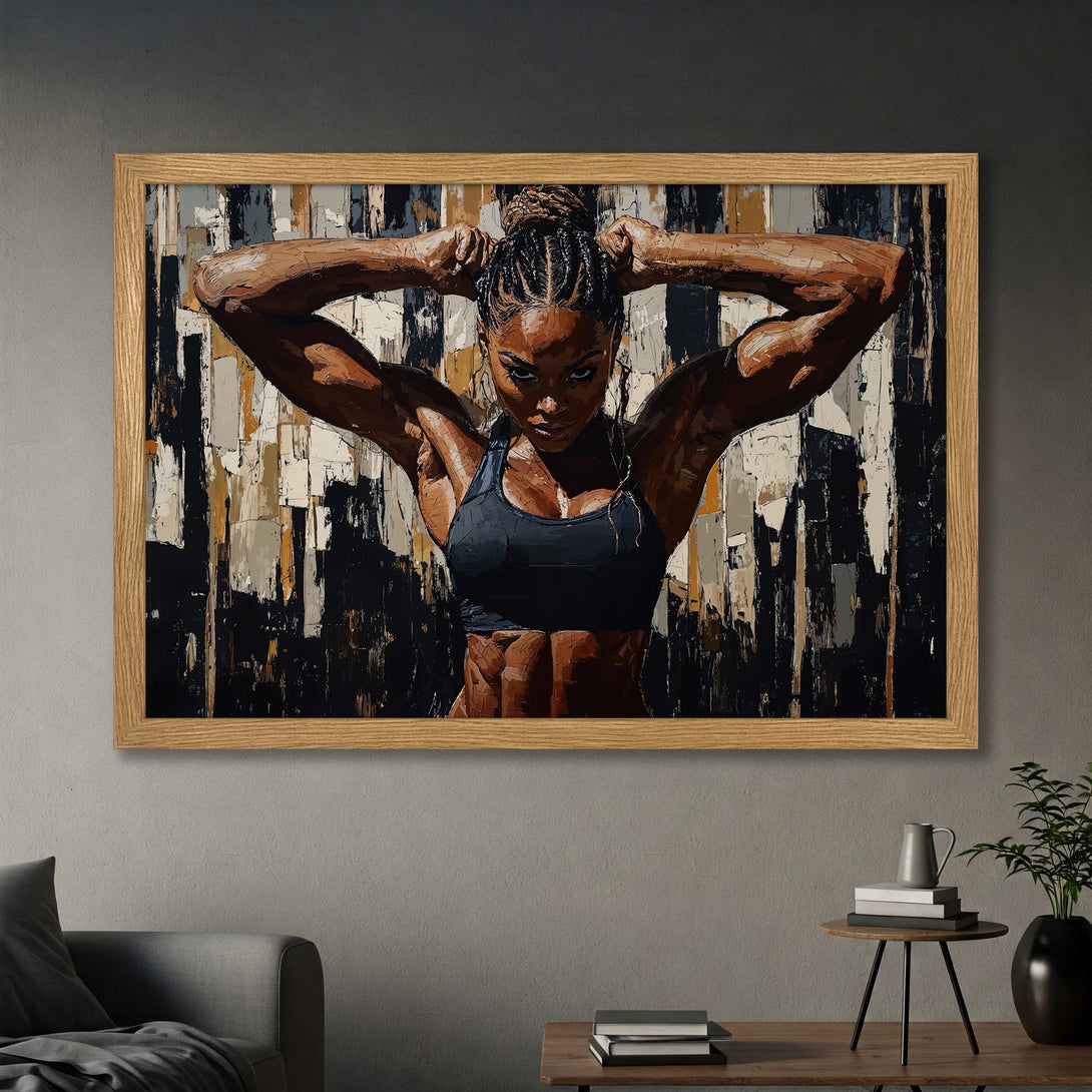 Framed Poster featuring a strong woman in an abstract, textured style. Earthy tones with black and white accents. Perfect for gym or home decor.