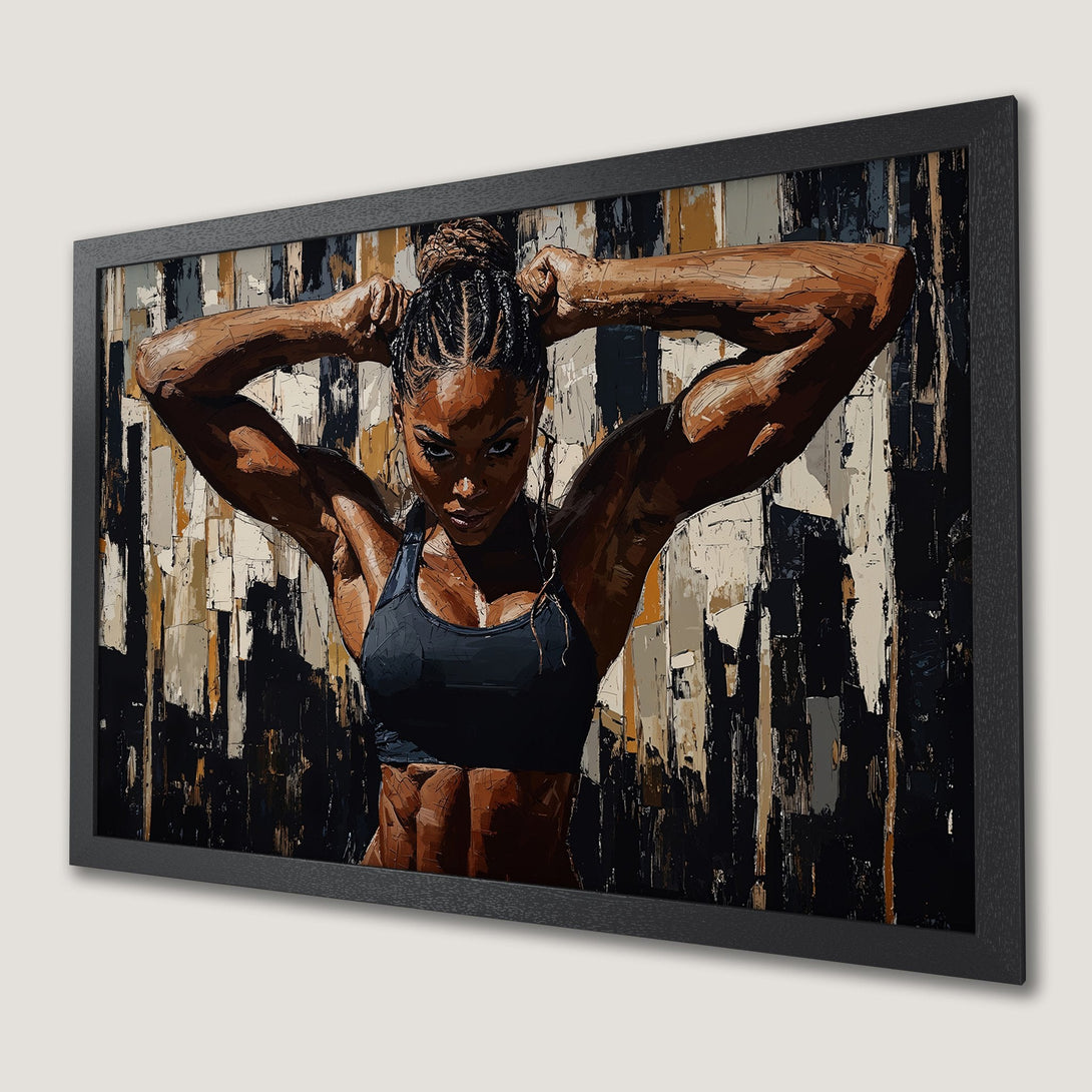 Framed Poster of a strong woman in a bold, abstract style. Features a neutral color palette with black, brown, and beige tones. Perfect for home decor.