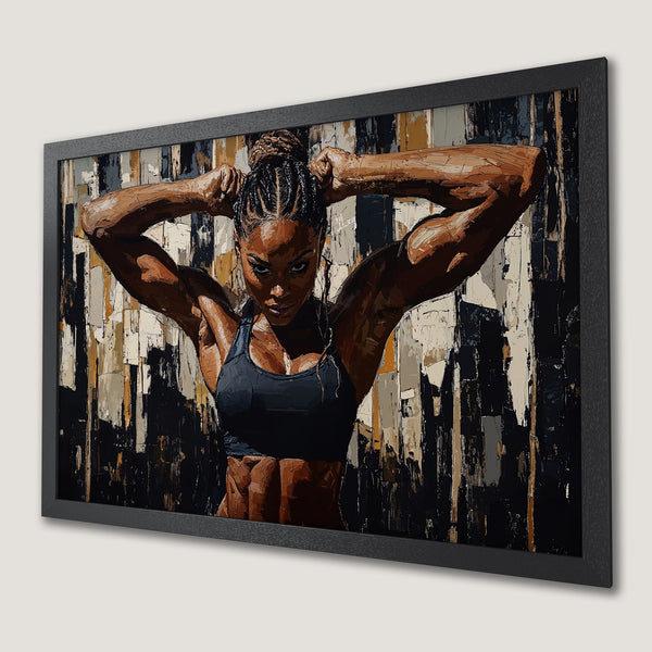Framed Poster of a strong woman in a bold, abstract style. Features a neutral color palette with black, brown, and beige tones. Perfect for home decor.